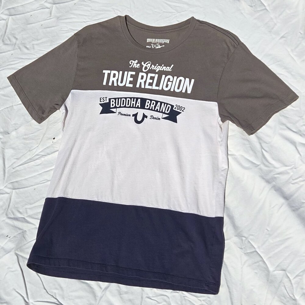True Religion T-Shirt Mens M Color Block Logo Print Navy Buff Streetwear